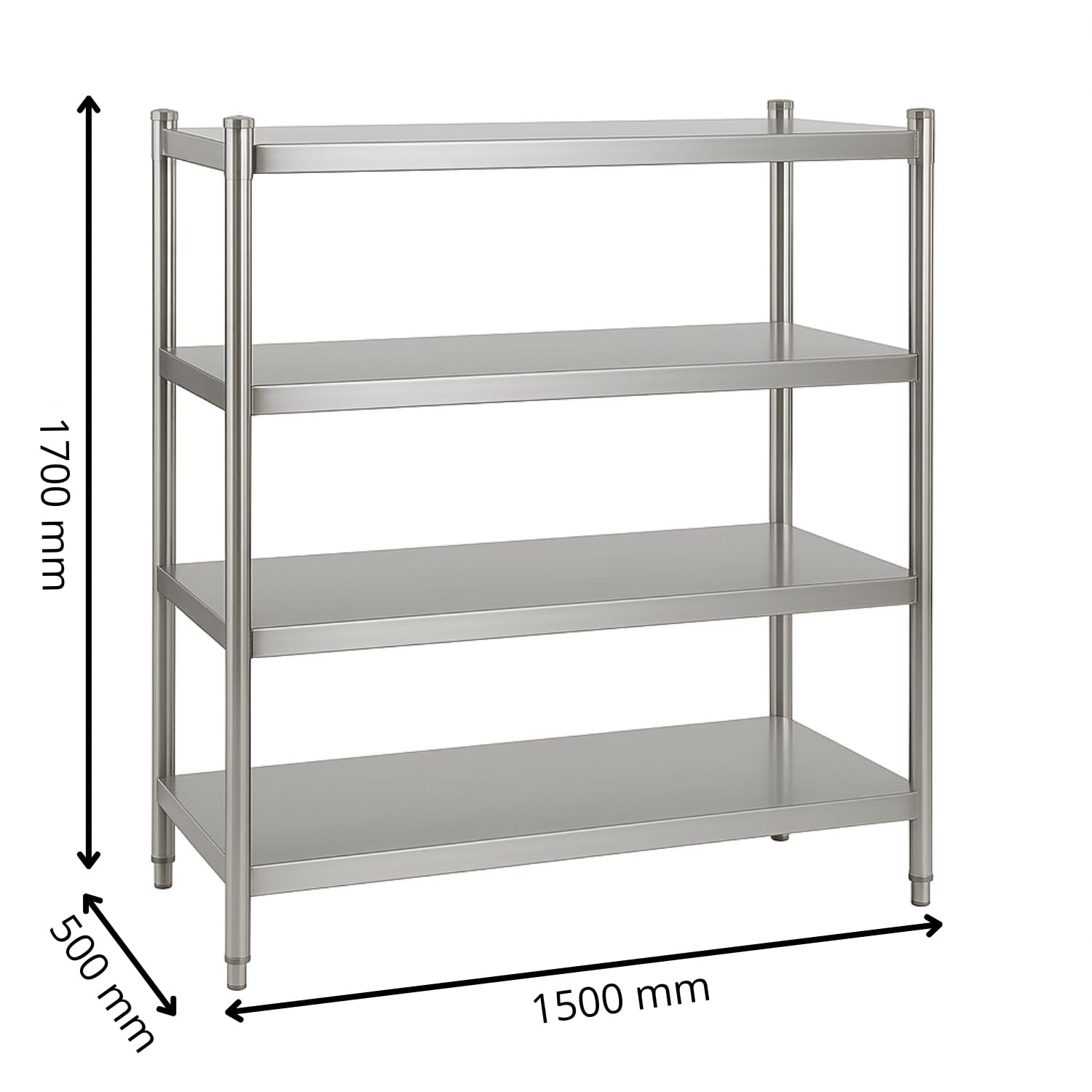 Générique Rayonnage INOX Professionnel – 4 Niveaux – 1500 x 500 x 1700 mm – Tablettes Pleines Hygiéniques – Pieds Réglables (1500 mm)