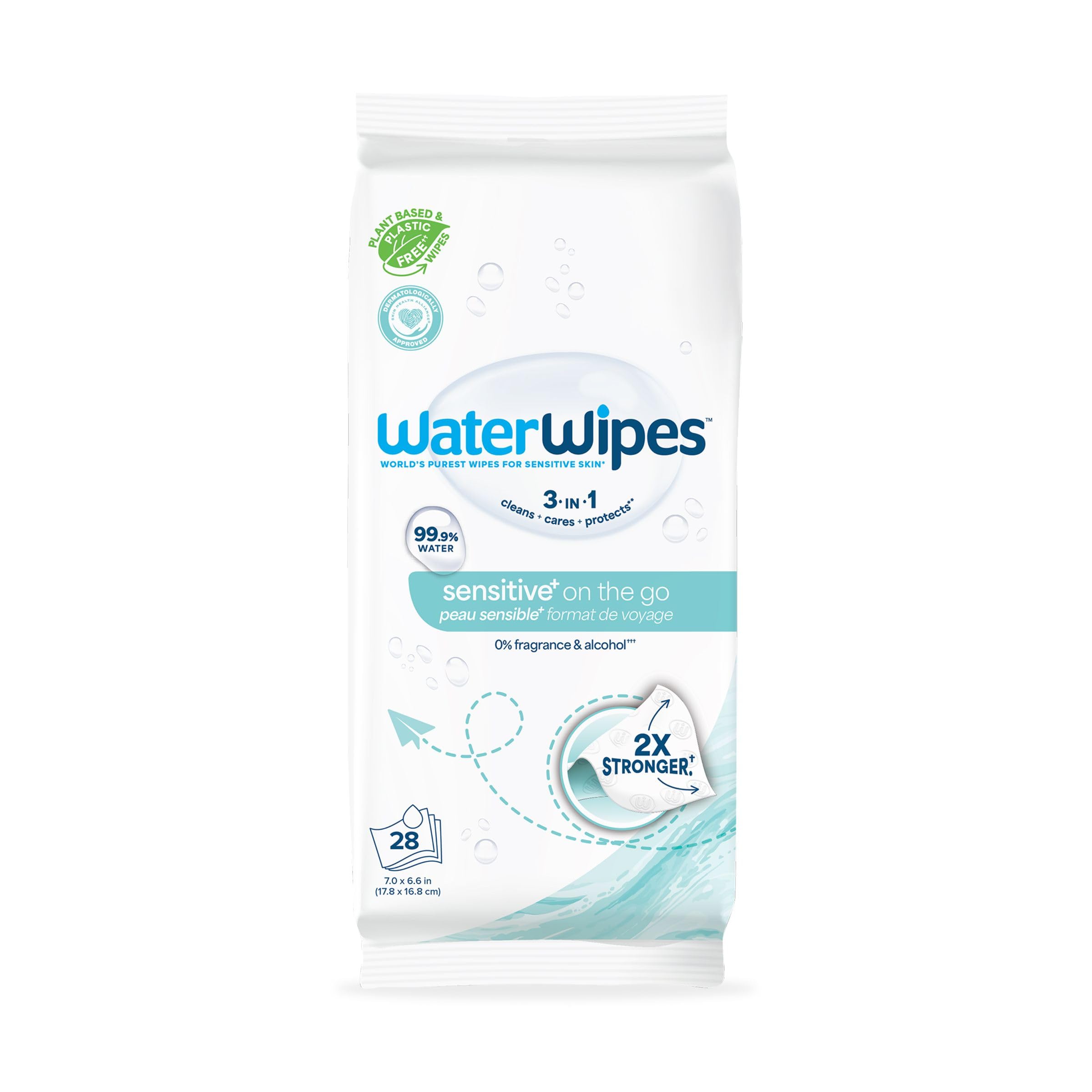 WaterWipes Sensitive+ On The Go Wipes, 3-In-1 Cleans, Cares, Protects, 99.9% Water, Unscented & Hypoallergenic Wet Wipes, 28 Count (Pack of 1)