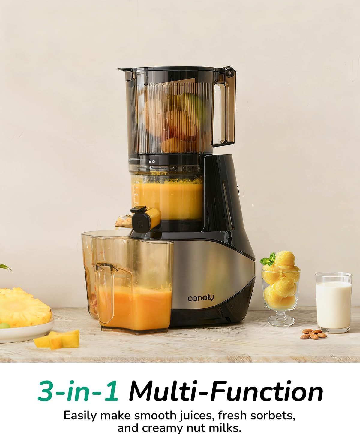 Canoly C09 Cold Press Juicer, 6" Extra Wide Feed Chute, 3-IN-1 Strainers (Juice & Sorbet & Nut Milk), Powerful AC Brushless Motor, Self Precut System, Juicer Machines with BPA-Free (Classic)