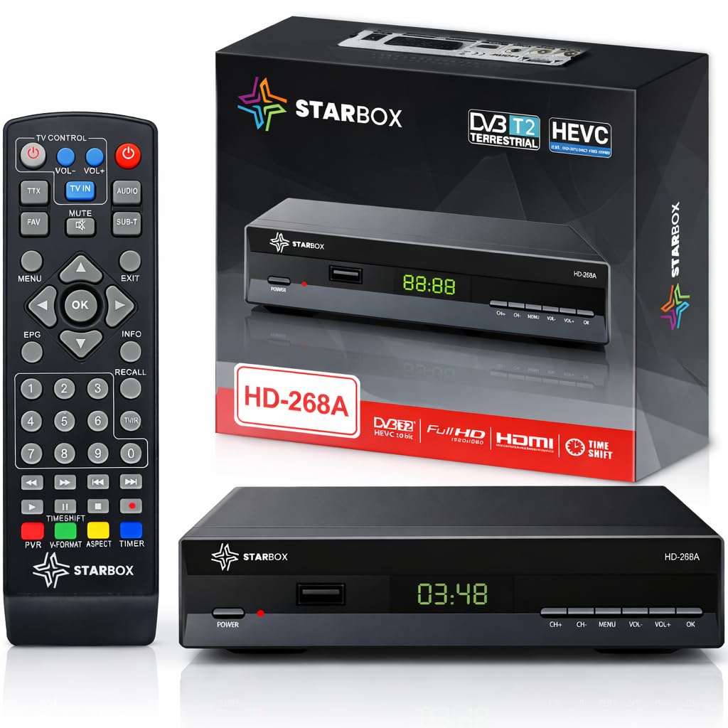 STARBOX HD-268A – Décodeur TNT DVB-T2 Full HD 1080p H.265 (HEVC), HDMI/USB/Péritel, Télécommande Universelle 2-en-1 – Antenne TNT Terrestre Uniquement (Non Compatible Satellite/Parabole)