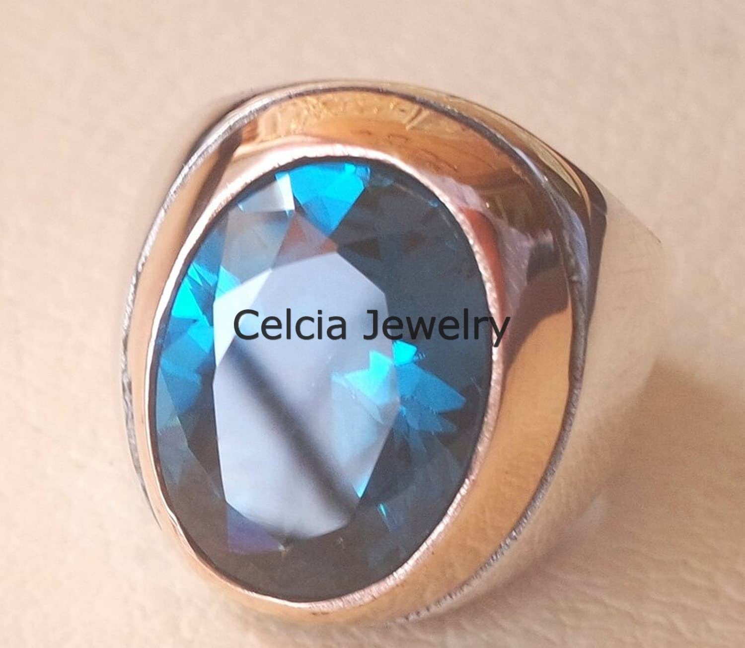 Anillo de piedra enorme ovalada de circón cúbico azul vivo profundo natural, anillo de sello de plata de ley 925 sólida, anillo de declaración, anillo de compromiso de boda