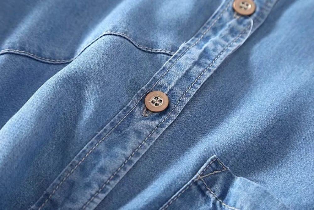 MIDJ Damen Bluse,Elegante Jeansbluse für Damen, Lange Hemdjacke, Hoher Niedriger Saum, Lange Ärmel, Lässige Blaue Jeanshemden, Brusttasche, Tunika, Blusen, Oberteile, Business-Hemd, Sweatshirt für M