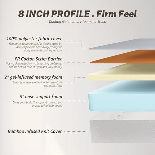 Miniatura 2 de Colchón de 8" de espuma viscoelástica con infusión de gel, firmeza media, para dormir fresco, con alivio de la presión, certificación CertiPUR-US,