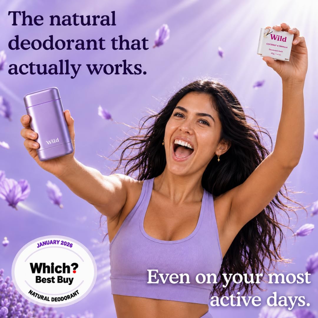 Wild - Deodorante Naturale Ricaricabile - Astuccio Viola con Varie Ricariche - Incluse Cotton & Sea Salt, Cherry Blossom, Coconut & Vanilla, Mint & Aloe Vera, Ocean Mist