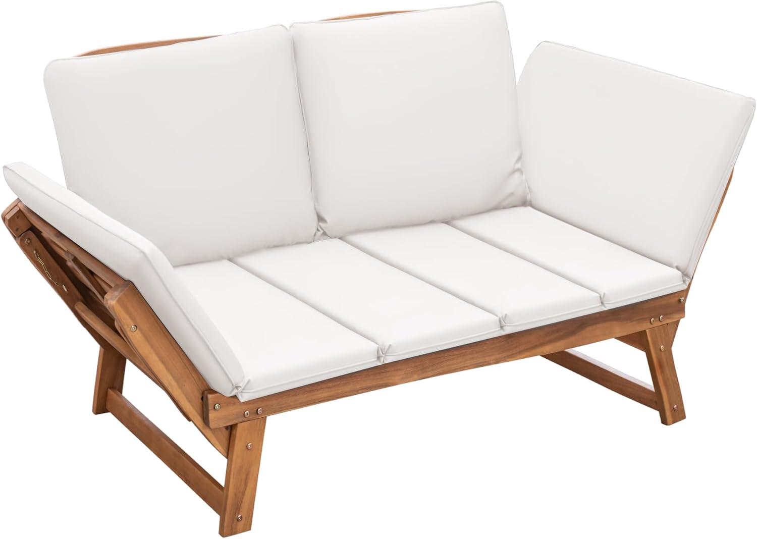 Devoko Outdoor Couch Acacia Wood Patio Couch with Adjustable Armrests, Outdoor Convertible Sofa with Removable Cushions & Pillows for Patio, Porch, Poolside(White)