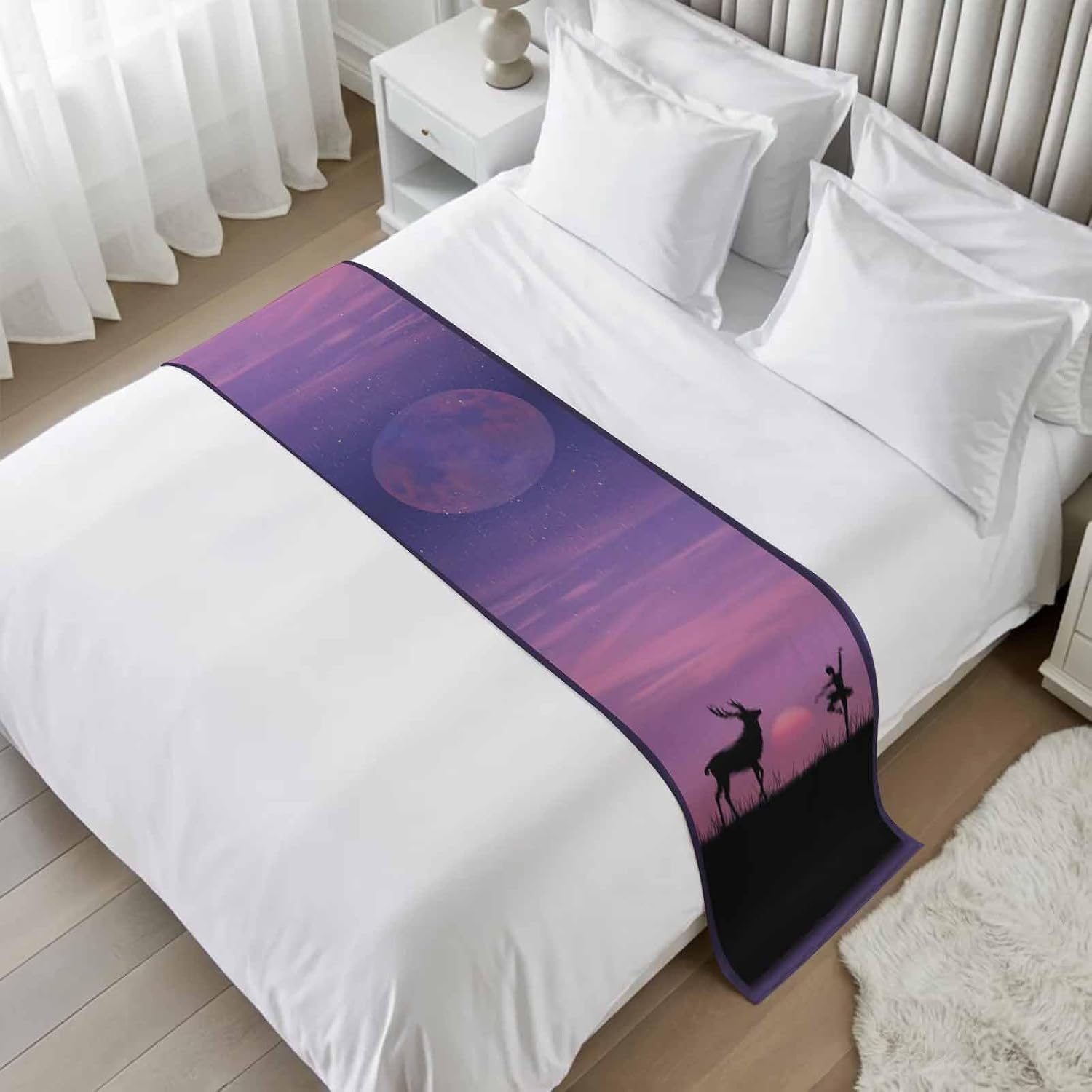 Purple Ombre Starry Sky Bed Runner Cal King Size, Deer Ballerina Girl Black Silhouette Bed Scarf Protector Slipcover for Bedroom Wedding Room Hotel, Bedding Runner Throws for Foot of Beds 102"x20"