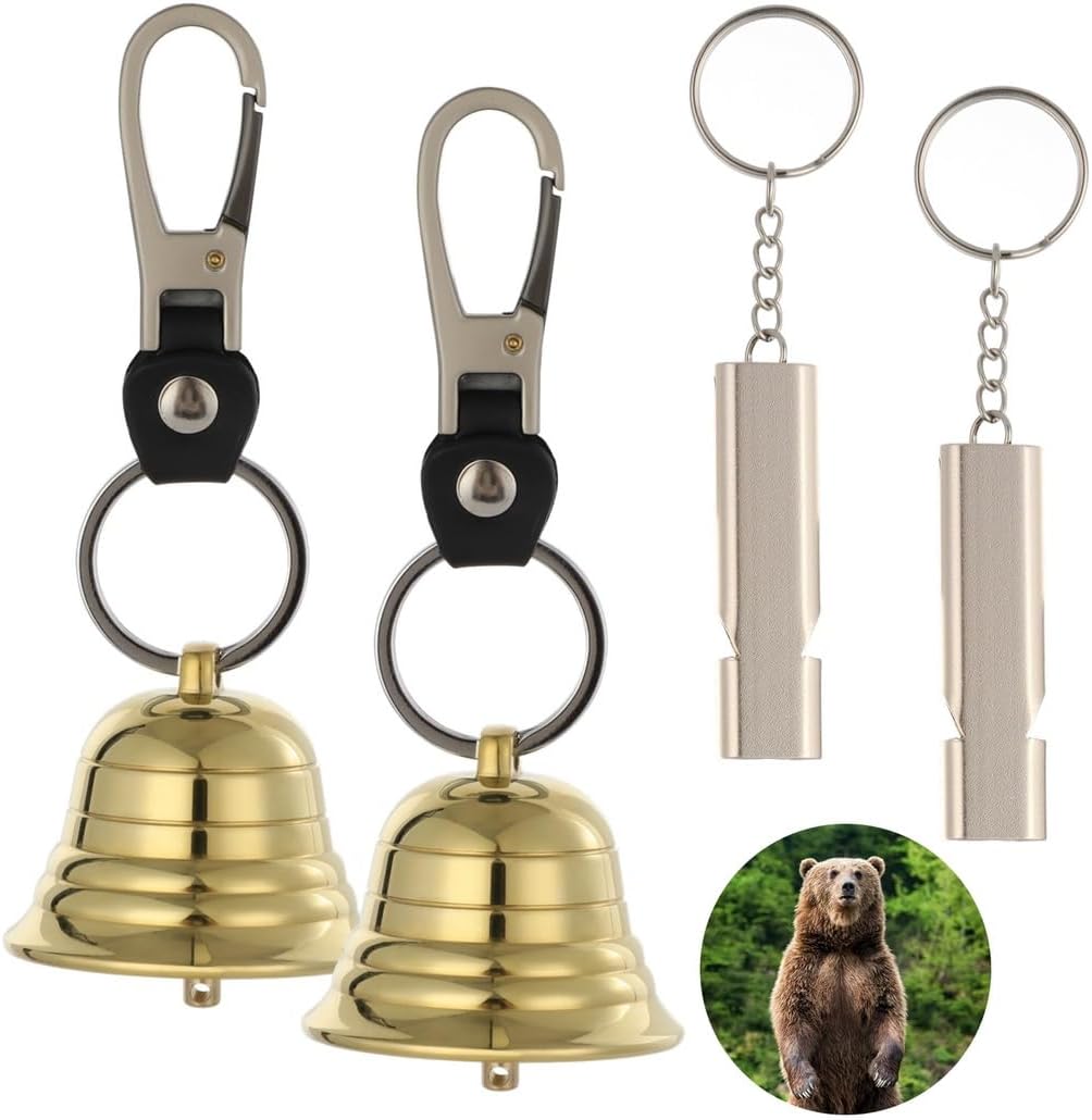 2-Pack 2 Brass Bear Bell With Emergency Whistle For Outdoor Safety, Hiking, Biking & Fishing