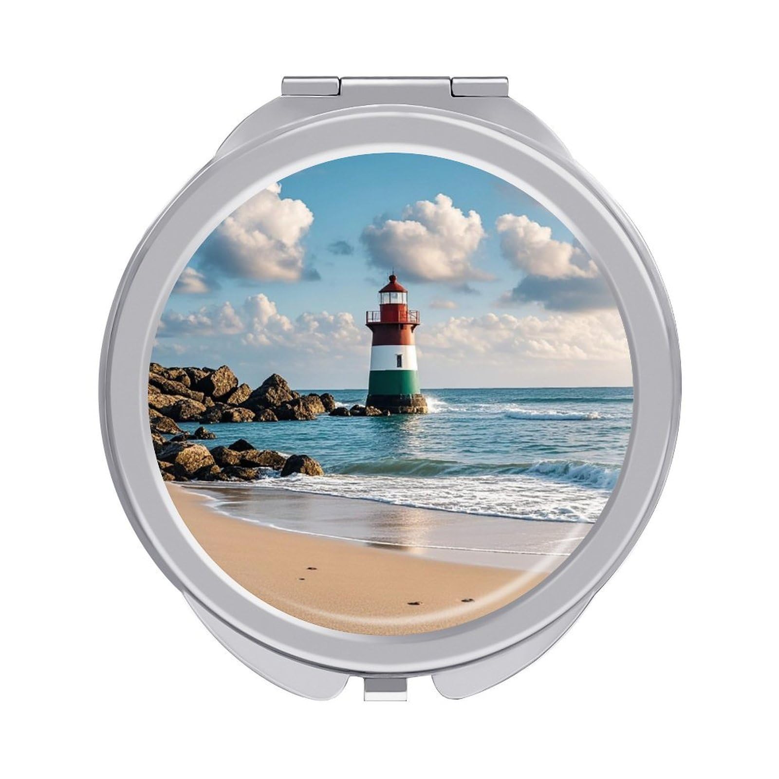 FekiLoot Sea Lighthouse Sandbeach Travel Makeup Mirror for Women Folding Portable Hand Compact Mirrors Small Round Vanity Mirror 1X/2X Magnifying Metal Pocket Makeup Mirrors