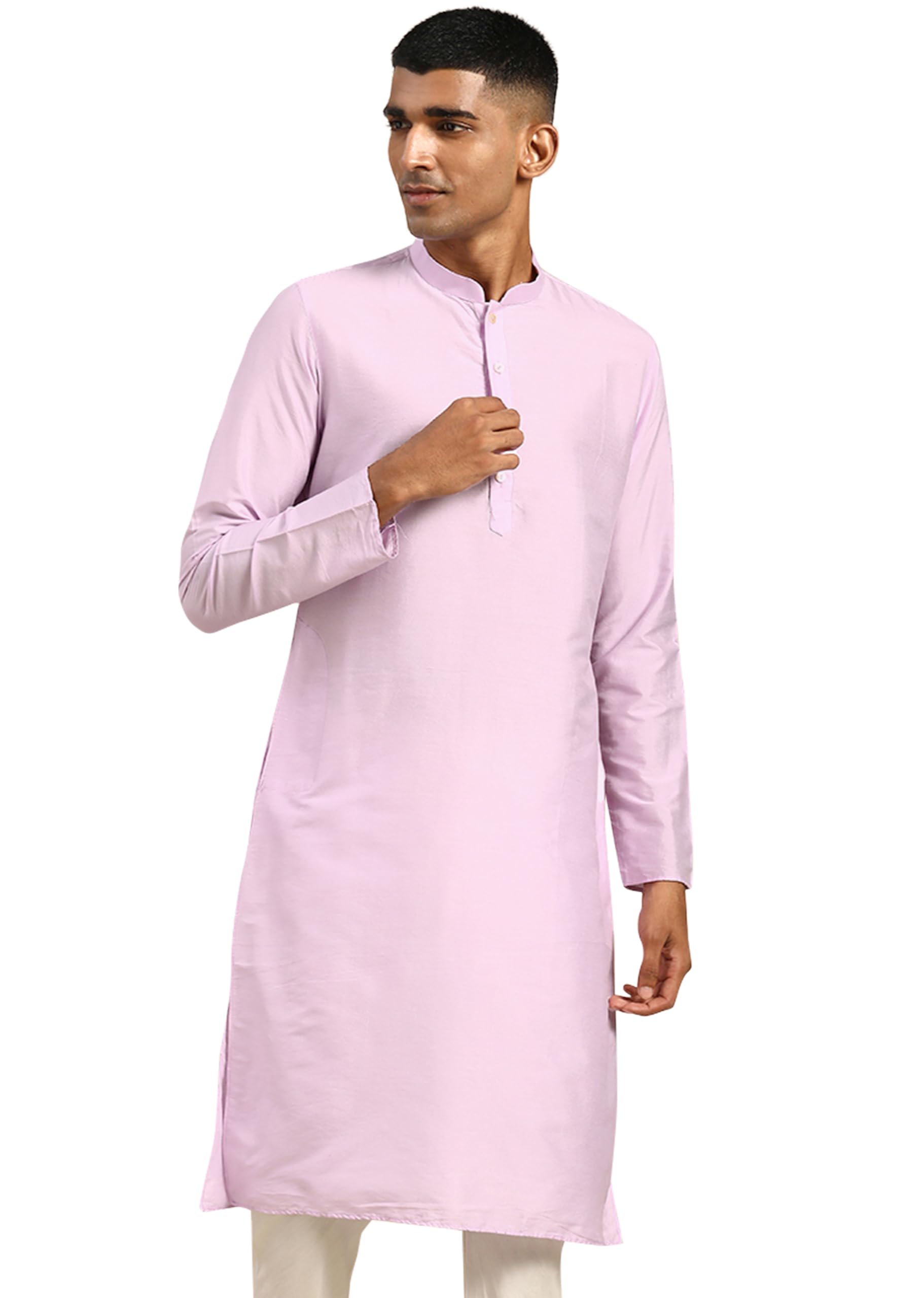 kisah Mens Kurta, Cotton Blend Solid Dyed Mandarin Collar Long Sleeves, Lavender Ethnic Wear for Men-picture-37
