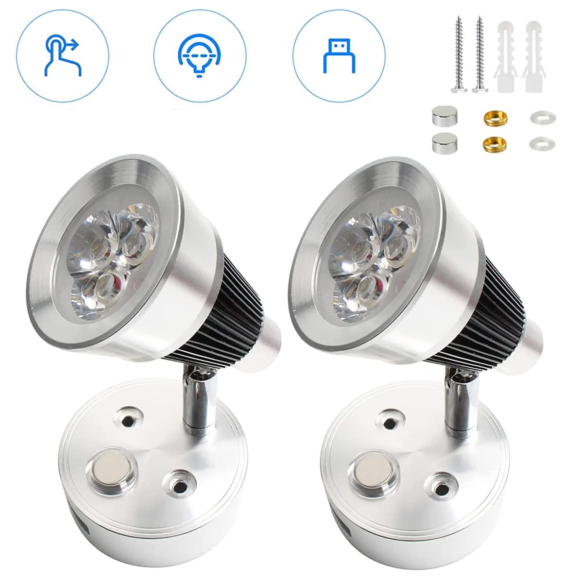 JUTTAUTO Foco de caravana de 12 V, 2 luces LED de lectura interiores con atenuación táctil con USB, lámparas de lectura de pared para caravana, caravana, barco, autocaravana (plata-2)