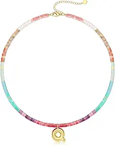 Beaded Initial Necklaces for Women Teen Girl Gifts Trendy Stuff Colorful Gemstone Choker Necklace with Bubble A-Z Stocking Stuffers for Teens Christmas Gifts for Her Birthday Summer Beach Jewelry for Daughter Sister Friend