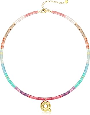 Beaded Initial Necklaces for Women Teen Girl Gifts Trendy Stuff Colorful Gemstone Choker Necklace with Bubble A-Z Stocking Stuffers for Teens Christmas Gifts for Her Birthday Summer Beach Jewelry for Daughter Sister Friend