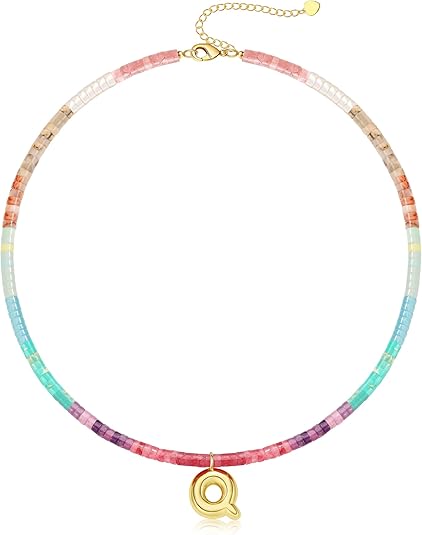 Beaded Initial Necklaces for Women Teen Girl Gifts Trendy Stuff Colorful Gemstone Choker Necklace with Bubble A-Z Stocking Stuffers for Teens Christmas Gifts for Her Birthday Summer Beach Jewelry for Daughter Sister Friend