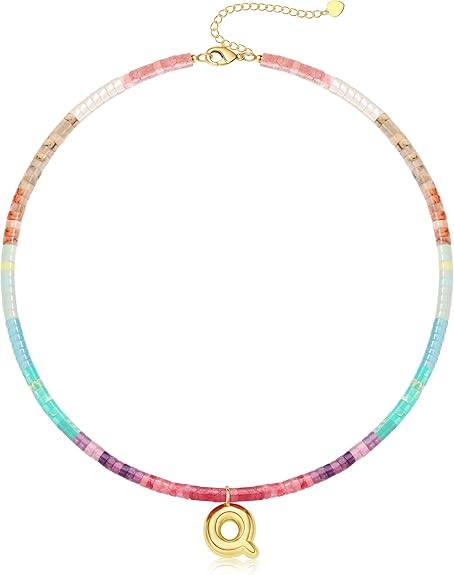 Beaded Initial Necklaces for Women Teen Girl Gifts Trendy Stuff Colorful Gemstone Choker Necklace with Bubble A-Z Stocking Stuffers for Teens Christmas Gifts for Her Birthday Summer Beach Jewelry for Daughter Sister Friend