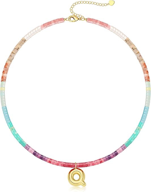 Beaded Initial Necklaces for Women Teen Girl Gifts Trendy Stuff Colorful Gemstone Choker Necklace with Bubble A-Z Stocking Stuffers for Teens Christmas Gifts for Her Birthday Summer Beach Jewelry for Daughter Sister Friend