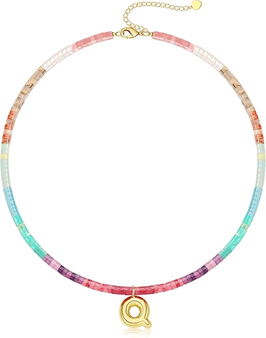Beaded Initial Necklaces for Women Teen Girl Gifts Trendy Stuff Colorful Gemstone Choker Necklace with Bubble A-Z Stocking Stuffers for Teens Christmas Gifts for Her Birthday Summer Beach Jewelry for Daughter Sister Friend