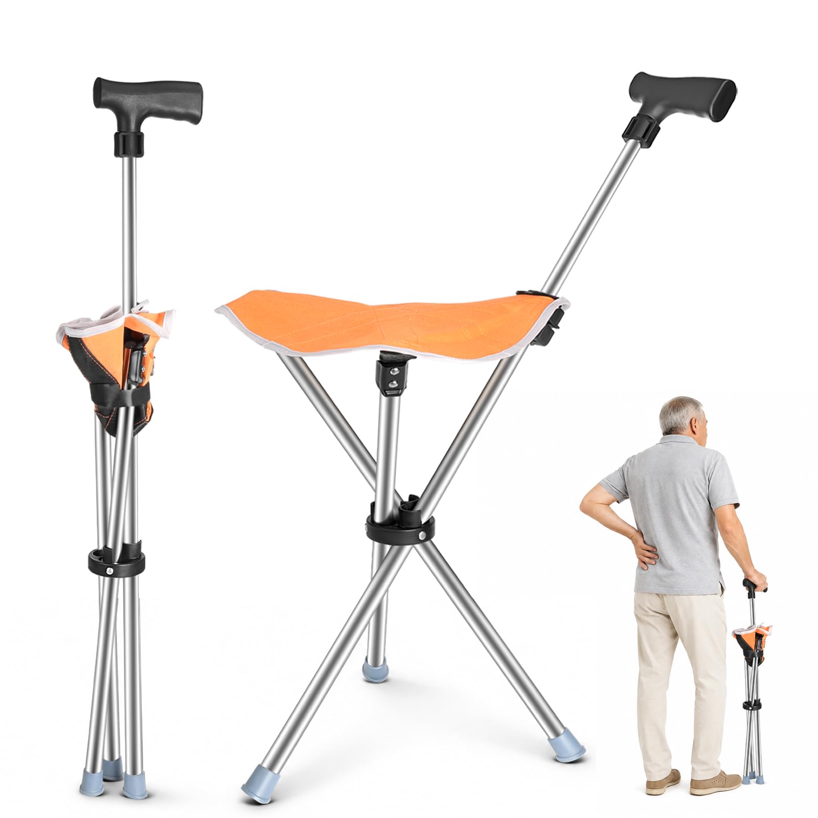 Bastón triangular con asiento, 2 en 1, plegable, peso ligero, 150 kg, para personas mayores y adultos, ideal para viajes al aire libre, camping y montañismo