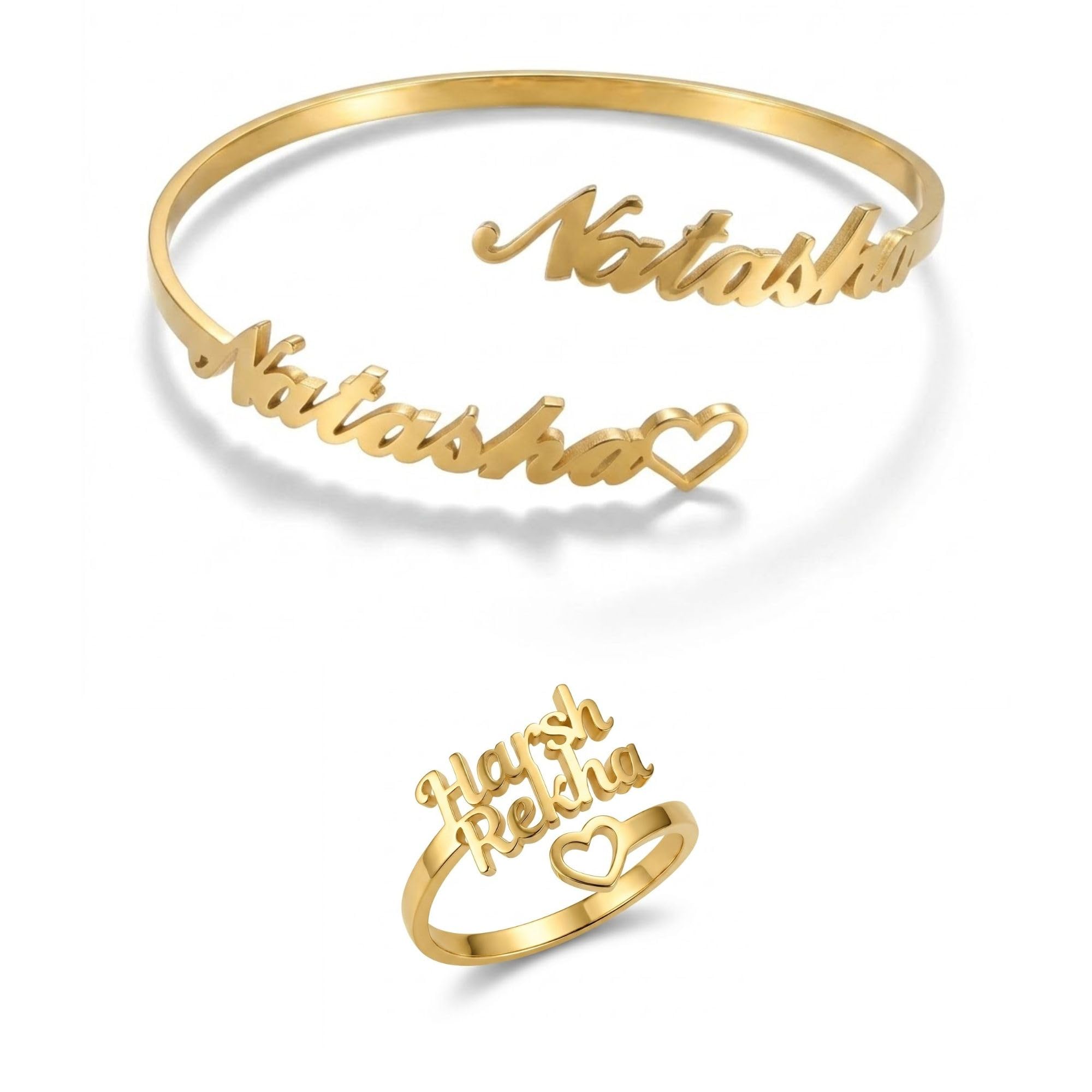 Combo of Personalized Couple Name Cuff Bracelet & Matching Name Ring with Heart Design for Women & Girls | Custom Two Name Gold Plated Adjustable Bracelet & Ring Set | Romantic Gift for Girlfriend Wife Anniversary Valentine Birthday-image-23