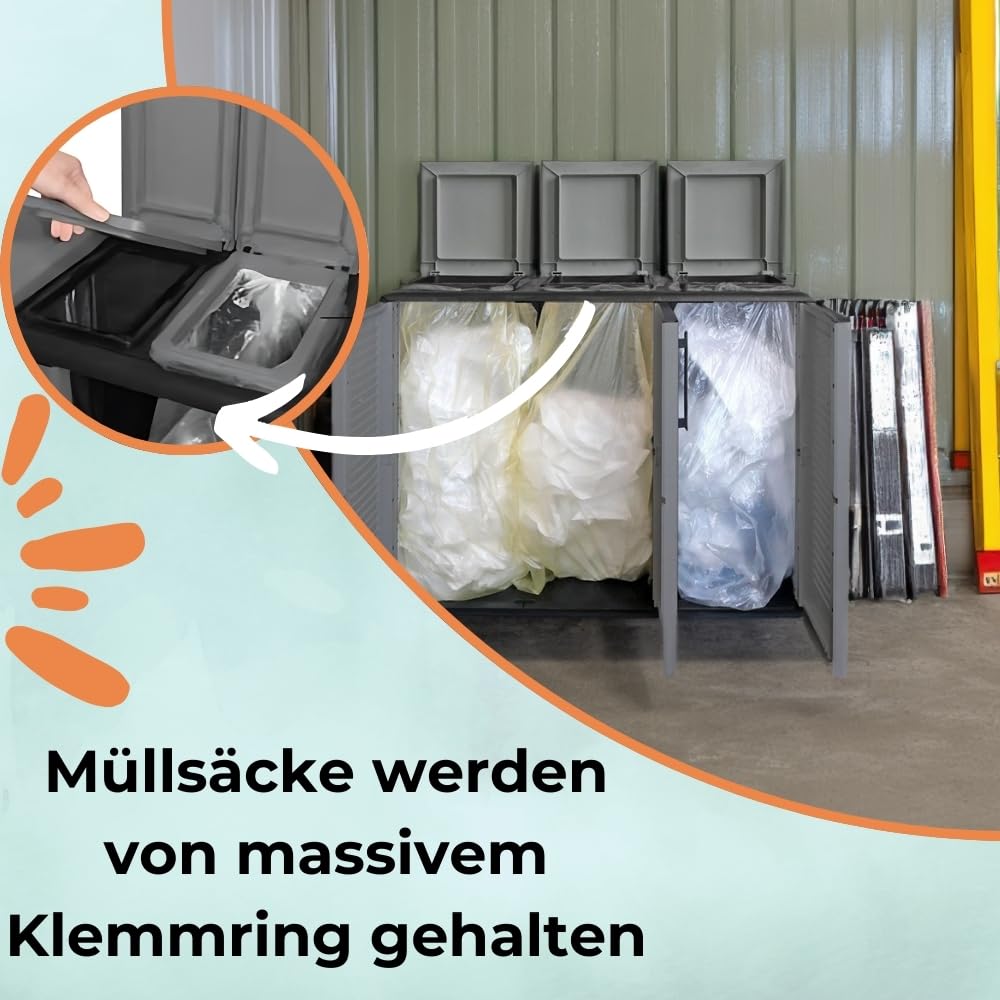 Mülltrennsystem 3Fach Mülltonnenbox 3 Fächer Müllsackständer mit Deckel 3er Garten Schrank Müllbox Trennsystem Müll Abfall & Recycling Sack