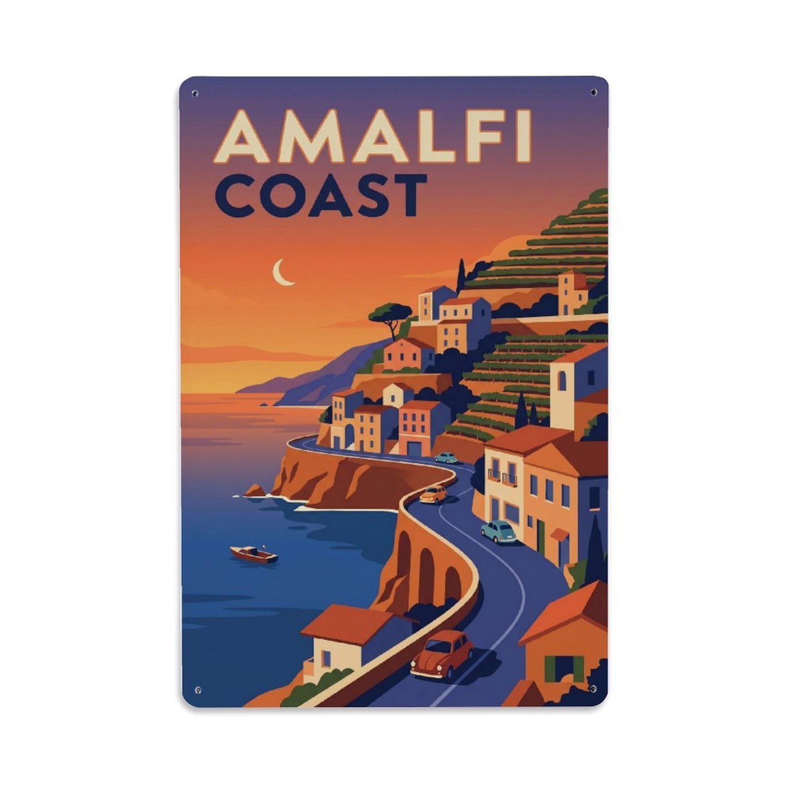 Vintage Travel Dusk Italy Coastal 2 Metal Tin Sign Plaque Wall Decor for Cafe, Club Bar, Office, Home Garden Metal Poster 8x12Inch