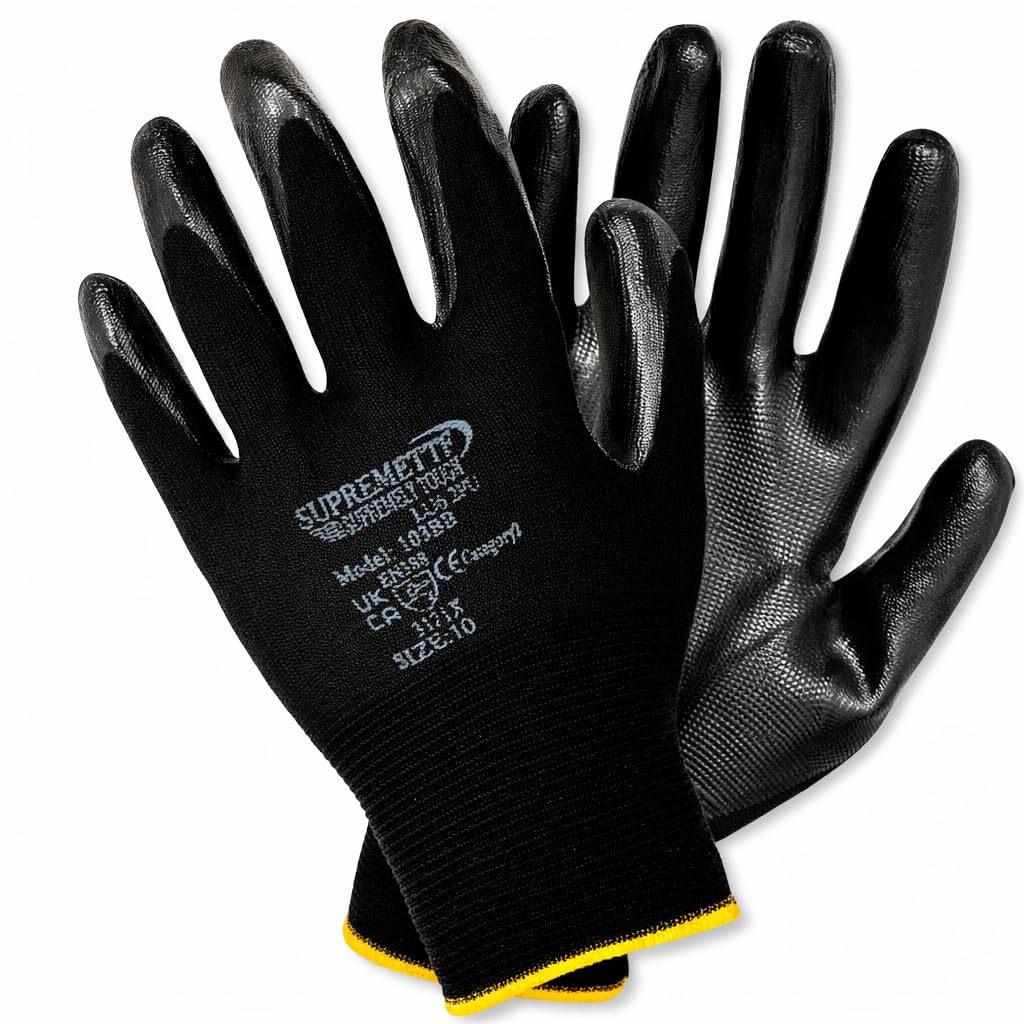 Supreme TTF Work Gloves Red Nitrile Coated Gloves, Heavy Duty Non-Slip Grip for Building and Gardening Warehouse Gloves PREMIUM Quality (48, Black, Medium)