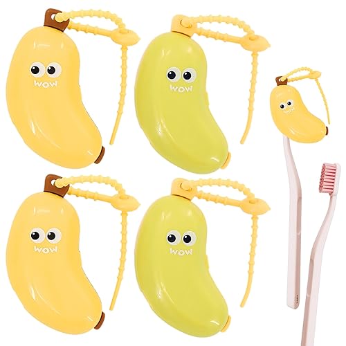 4 Pcs Banana Toothbrush Cover, Banana-Shaped Toothbrush Travel Case with Toothpaste Dispenser, Portable Brush Travel Case for Home Travel Outdoor Camping(Yellow)