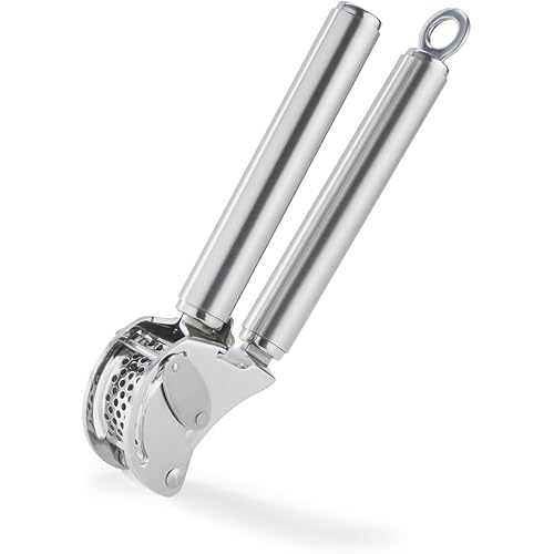 Rösle 12895 Stainless Steel Garlic & Ginger Press with Scraper for Effortless Mincing with Easy Cleanup, 13-inch