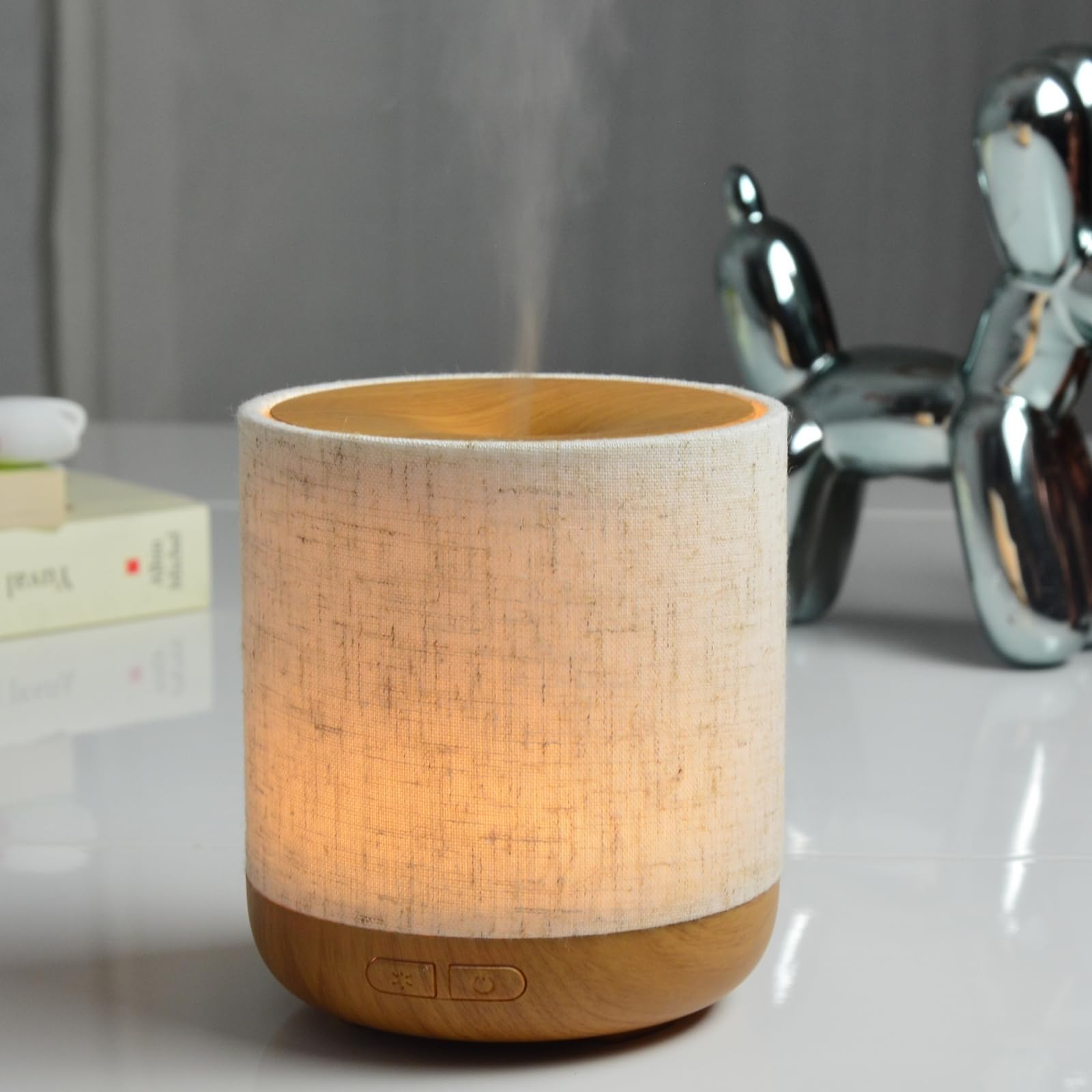 Zen'Aroma Difusor ultrasónico Alesia - Difusión de Aceite Esencial en frío Aromaterapia - Diseño Original, Carcasa de Lona de Lino y Revestimiento de Color Madera - difusión + iluminación