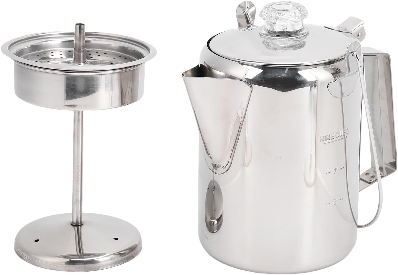 Fabater Coffee Percolator, Stainless Steel Espresso Maker with Reusable Filter Basket, 9 Cups, Brew Coffee On Fire, Grill, Campfire or Stovetop, Tea Pot for Home, Camping & Travel (Silver)