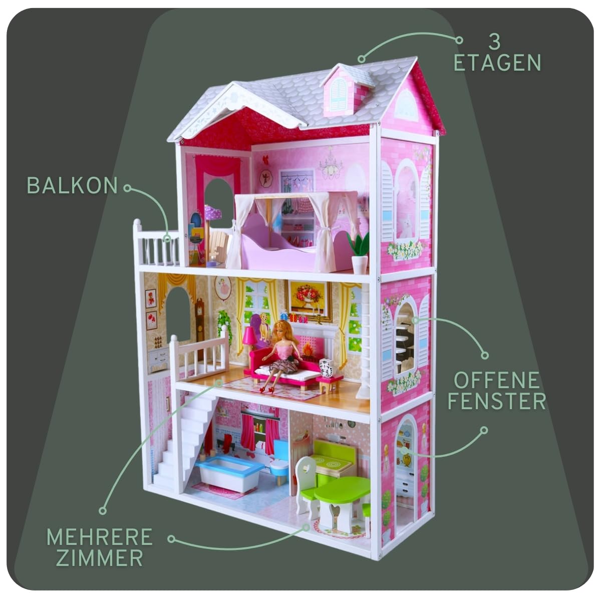 Bandits & Angels Puppenhaus aus Holz, Barbie-Haus, Angels Country House, ab 3 Jahren, 124 cm hoch – inklusive 14 Möbelstücken – für Barbie-Puppen – Puppenhaus – Puppenspielzeug