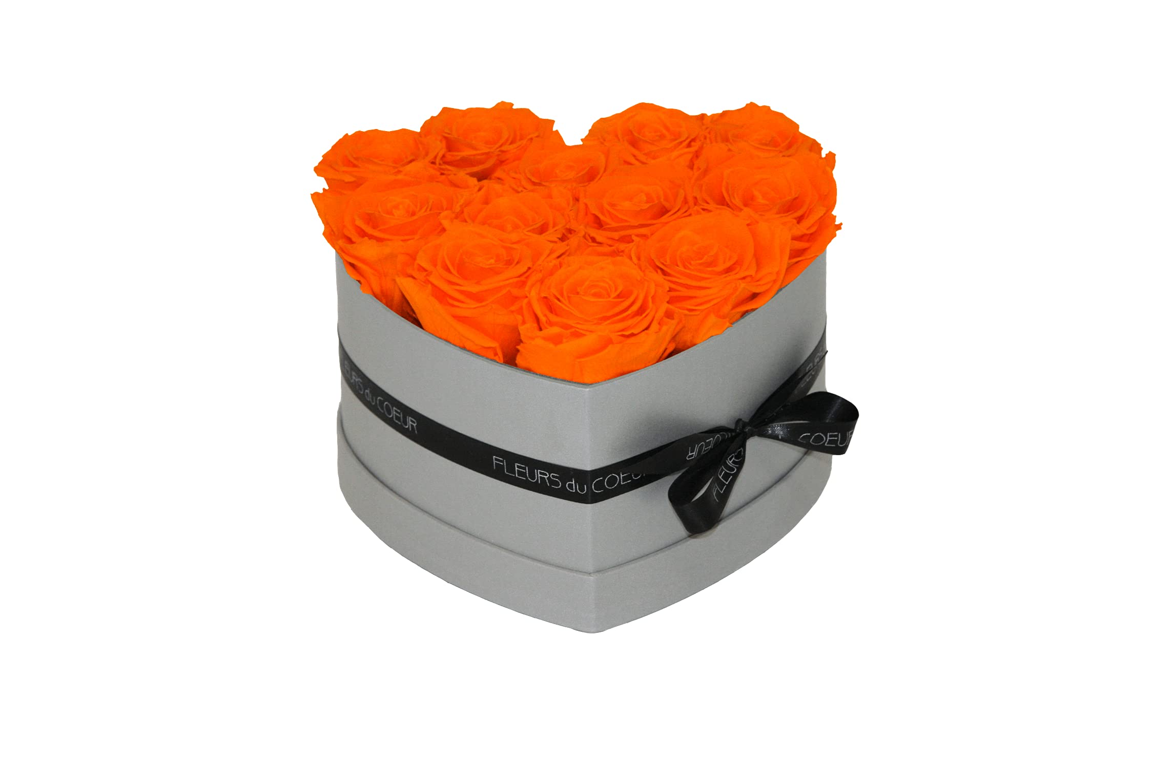 Roses éternelles orange en boîte cœur grise élégante pour une décoration haut de gamme