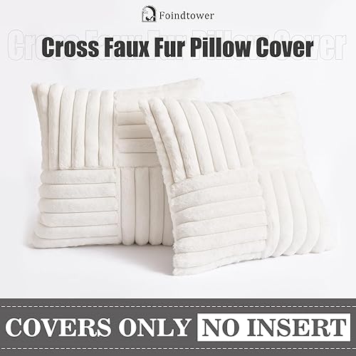 Miniatura 6 de Foindtower Paquete de 2 fundas de almohada decorativas de felpa de pelo sintético suave y esponjoso, fundas de cojín acogedoras a rayas para