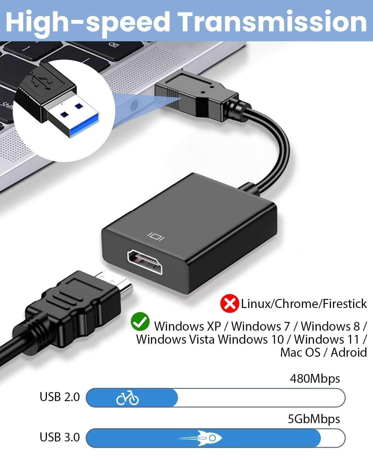 Adaptateur USB vers HDMI 3.0 1080p pour Ordinateur PC Moniteur Projecteur HDTV Windows Mac