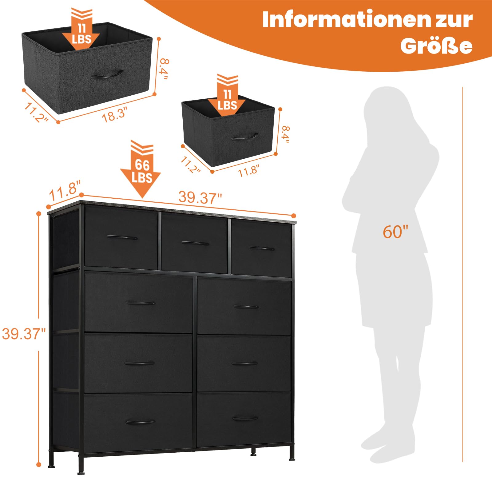 Sweetcrispy Commode avec tiroirs en Tissu - Buffet avec 9 tiroirs en Tissu - Meuble d'organisation pour Cuisine, Bureau, Couloir - Meuble TV avec tiroirs - Noir