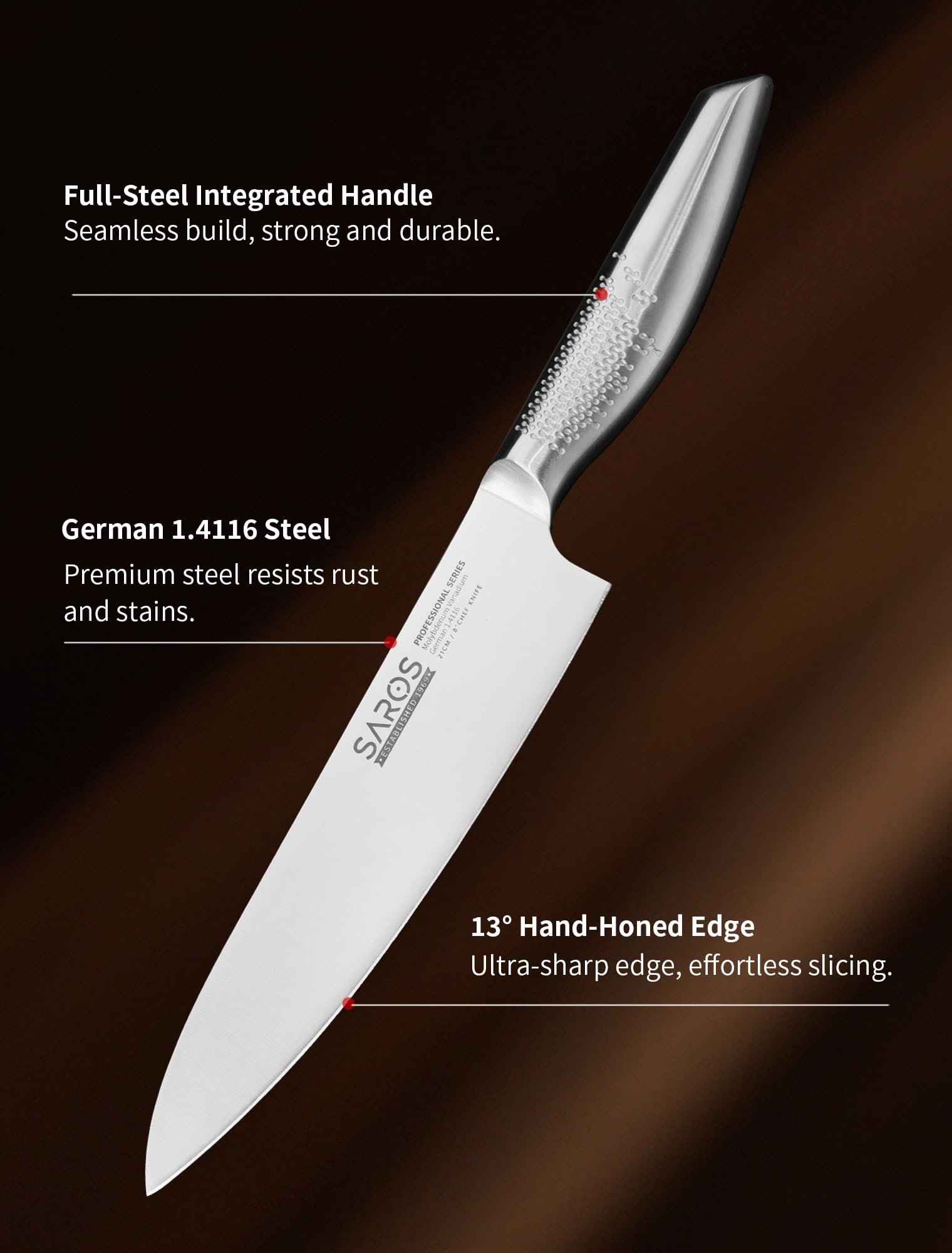 8 Inch Japanese Kitchen Knife – Professional Gyuto Chef Knife Made of 1.4116 German Steel, All-Steel Anti-Slip Handle, Razor Sharp Blade in Gift Box for Home & Restaurant - 3