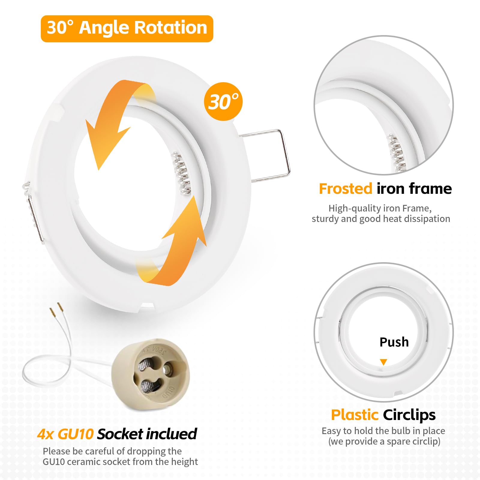 GeyouLux 4x Spot LED Encastrable IP65 Cadre Avec Douille GU10, Spots de plafond en Fer Blanc, Rond plat Spots Salle de bain spot cadre d'encastrement 68mm pour extérieur- intérie