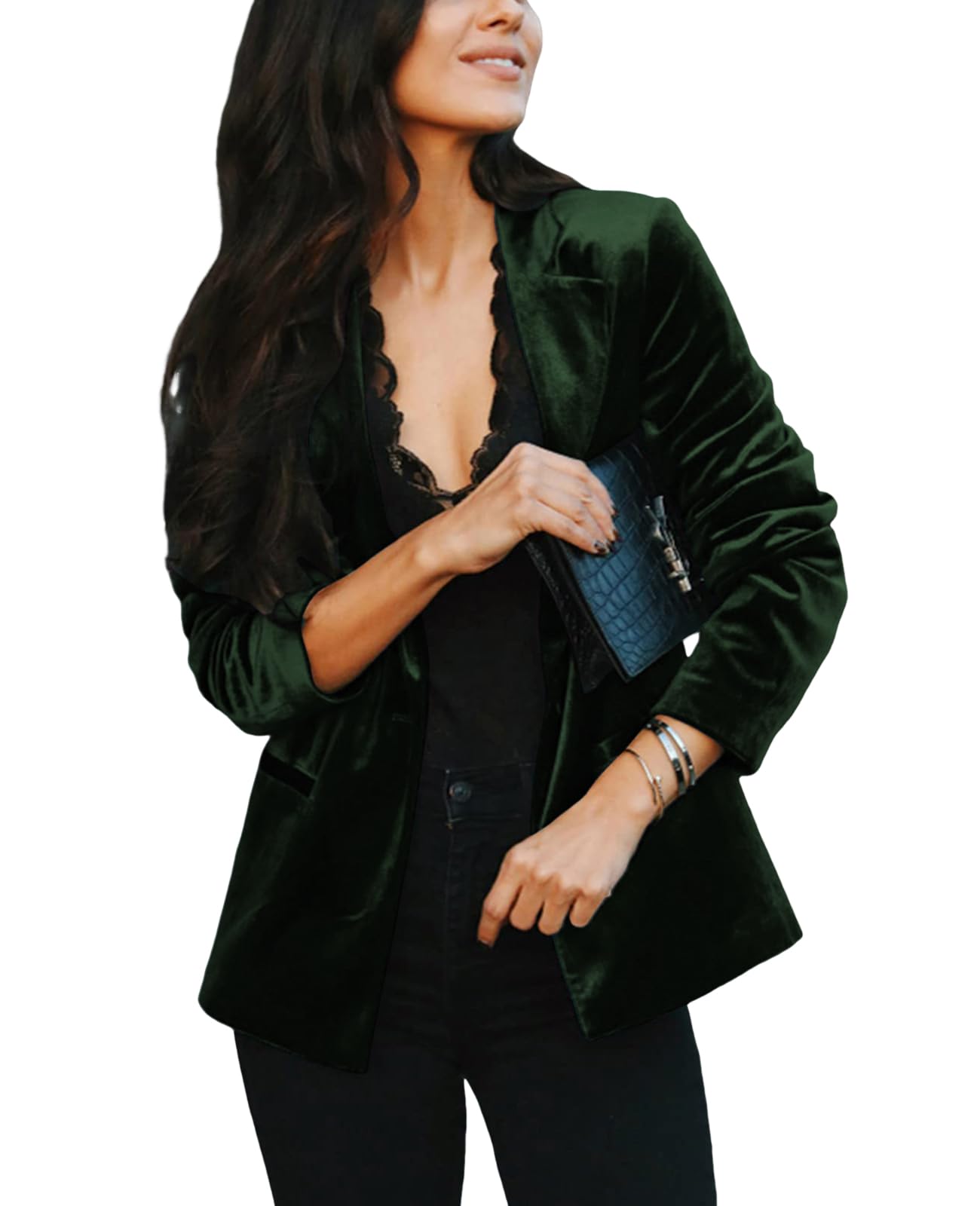 Womens Casual Velvet Blazer Work Office Long Sleeve Lapel Button Tailored Jacket Coat Blazer with Pockets