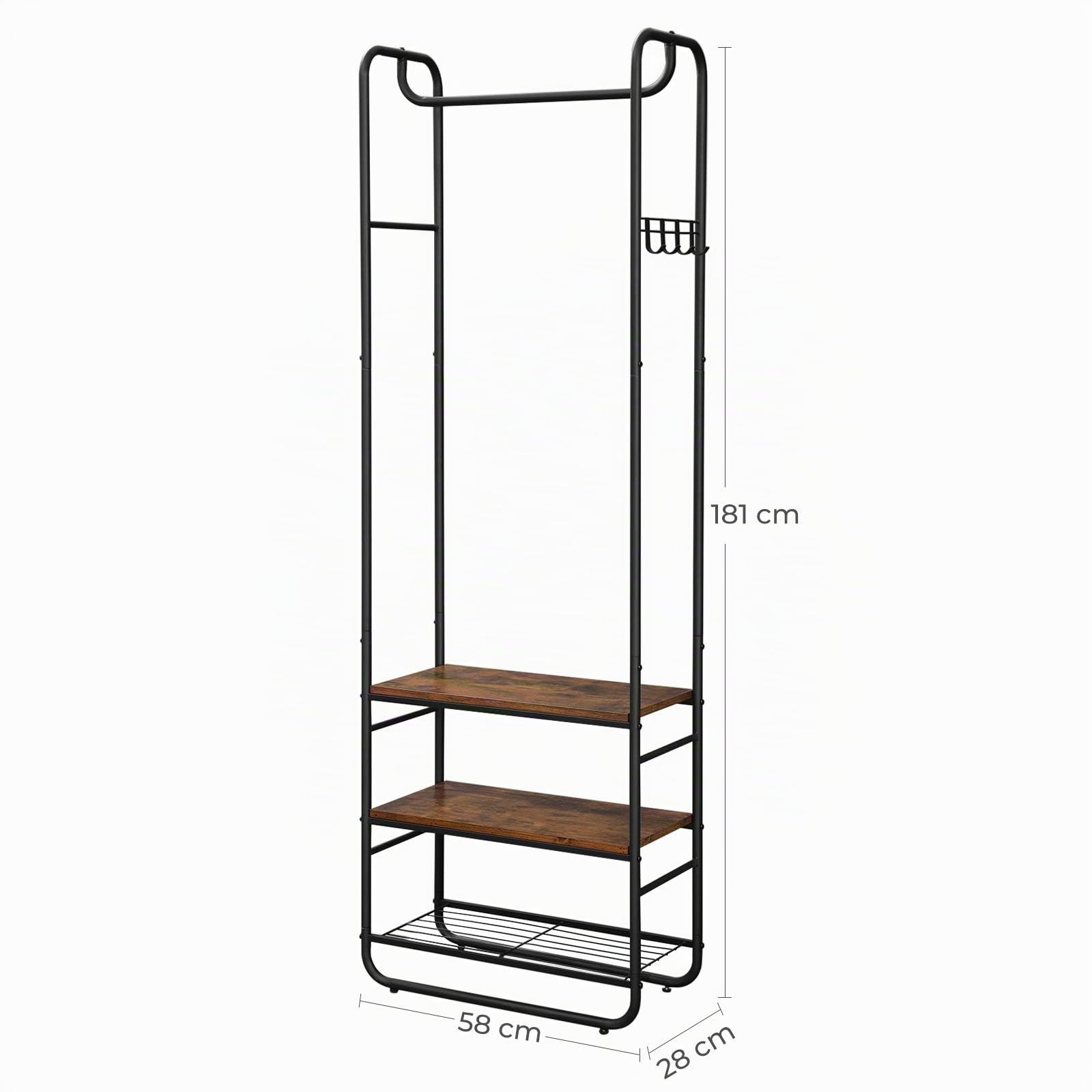 VASAGLE Appendiabiti con Scarpiera per Ingresso, Attaccapanni con Ripiani Portaoggetti, per Soggiorno, Camera da Letto, 58 x 28 x 181 cm, Stile Scandinavo, Nero Opaco e Marrone Vintage HSR81BX