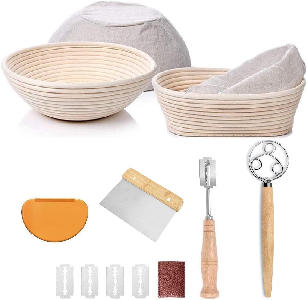 Bread Proofing Basket Set Of 2 Round and Oval, Banneton Proofing Basket + Danish Dough Whisk + Bread Scoring Lame + Stainless Steel Dough Scraper + Flexible Scraper, Sourdough Tools Kit, Baking Gifts