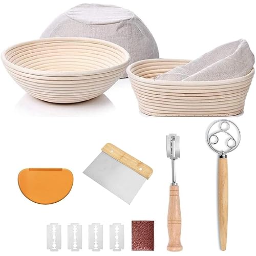 YAANI Sourdough Starter Kit, Sourdough Bread Baking Supplies, Banneton Bread Proofing Basket Set Of 2 Round and Oval, Dough Whisk, Scoring Tool, Metal Scraper, Silicone Scraper, Premium Baking Tools