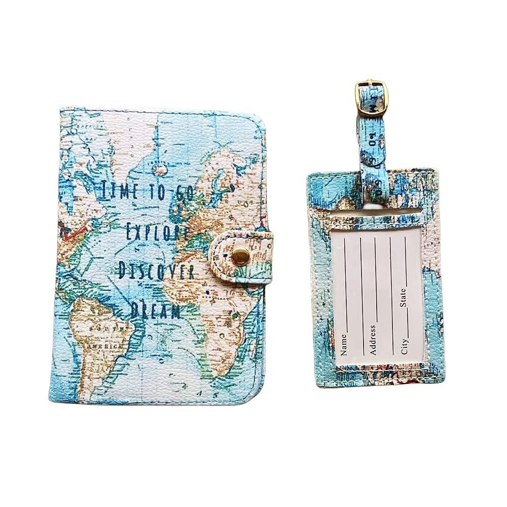 Word Map Front Cover PU Leather Passport Covers with Luggage Tags, Passport Holder Travel Suitcase Tag Set for Plane - Travel Boarding Accessories for