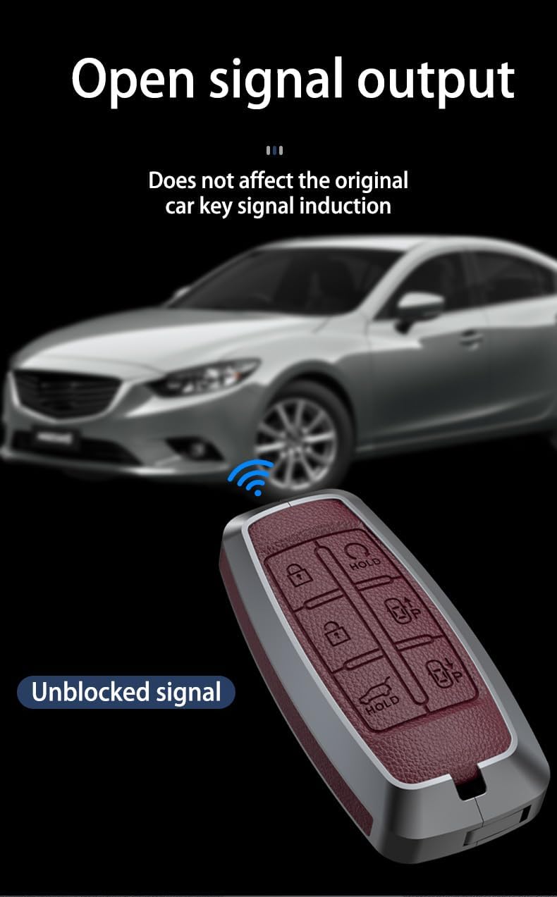 SANRILY Wine Red 8 Button Key Fob Cover Compatible for G80 GV80 GV70 G70 G90 2021 2022 2023 Metal Leather Key Case Shell with Keychain-Keyless