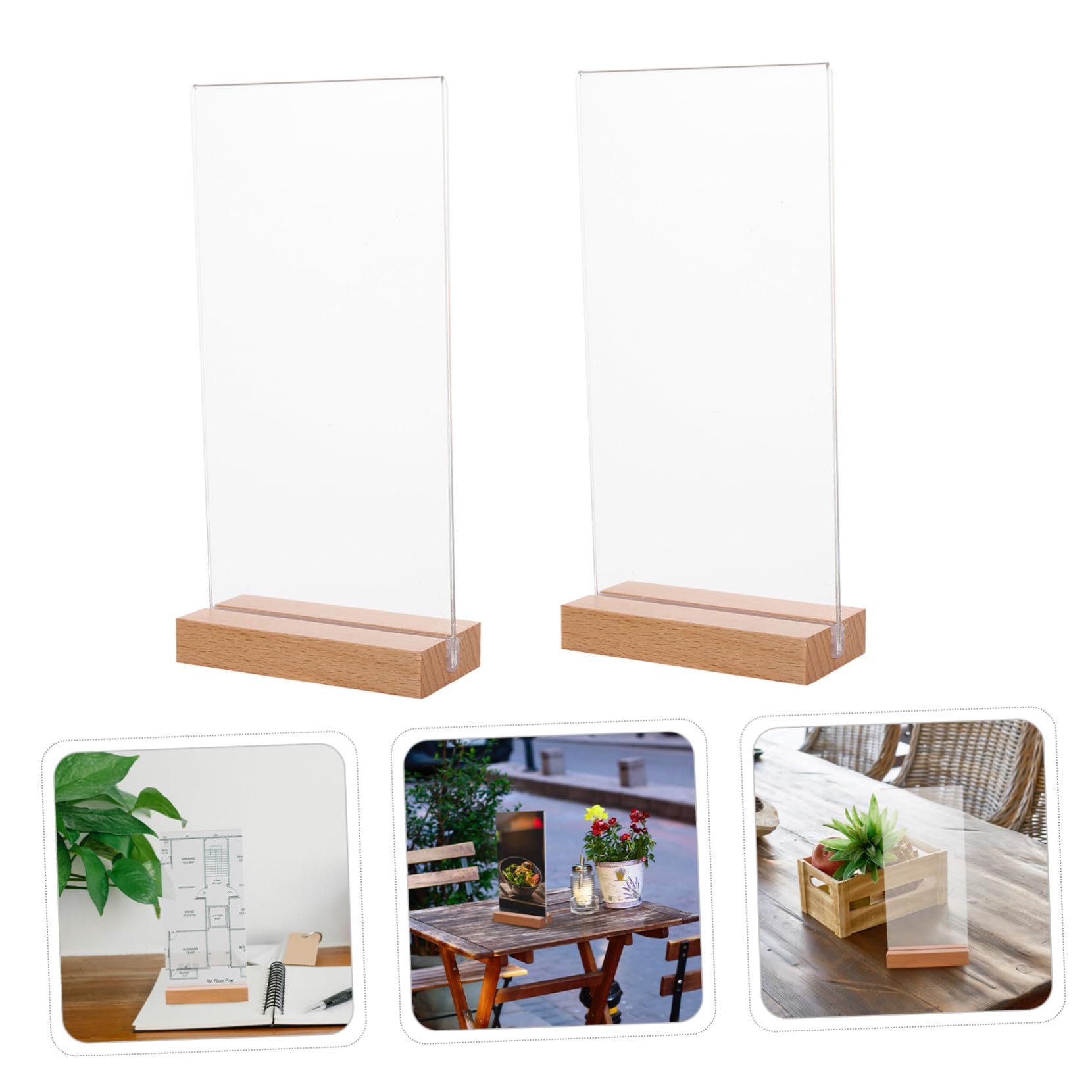 5 Piezas Soporte Vertical Acrílico para Menús con Base Madera T Exhibidor Transparente para Mesa Restaurante Oficina y Eventos