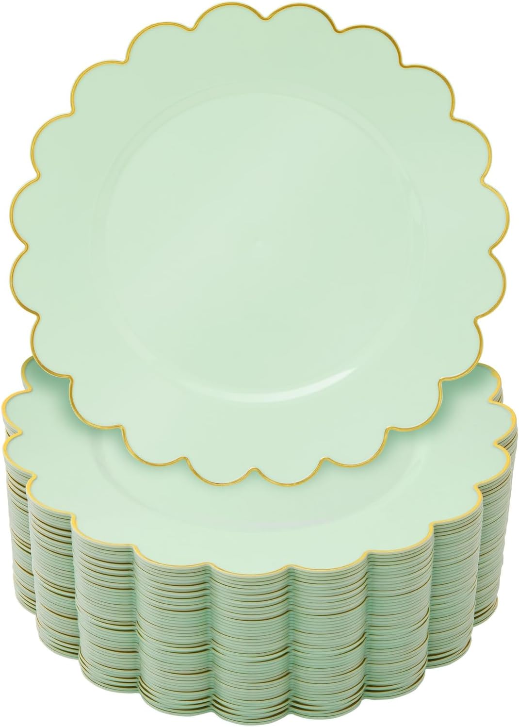 blue panda 50 pack sage green plastic plates with gold trim, 9-inch scalloped edges plastic plates, durable pastel dessert party plates for birthday, baby shower, wedding
