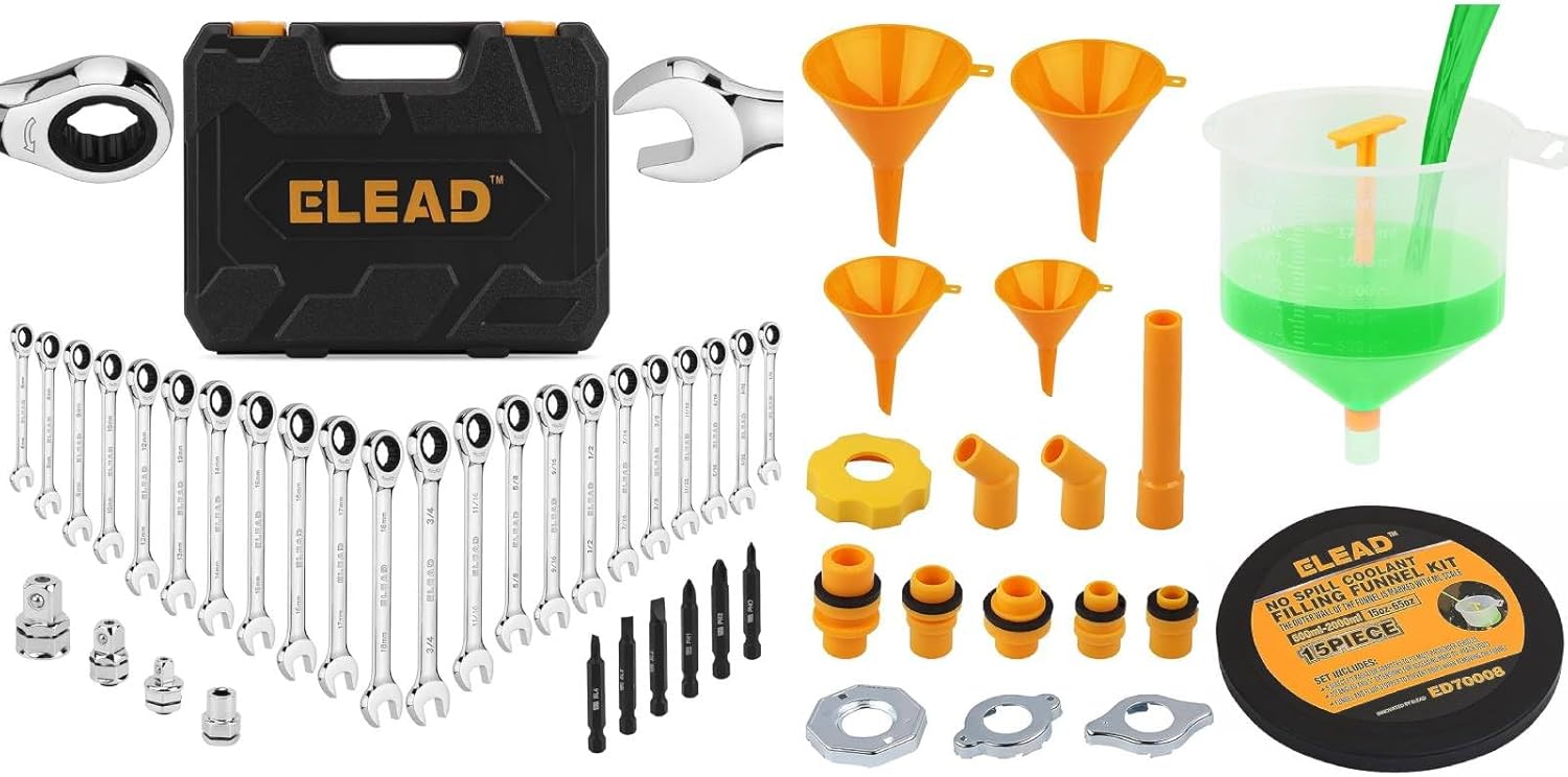 ELEAD 33-Piece Combination Ratchet Wrench Set & 15 PCS No-Spill Coolant Funnel Kit