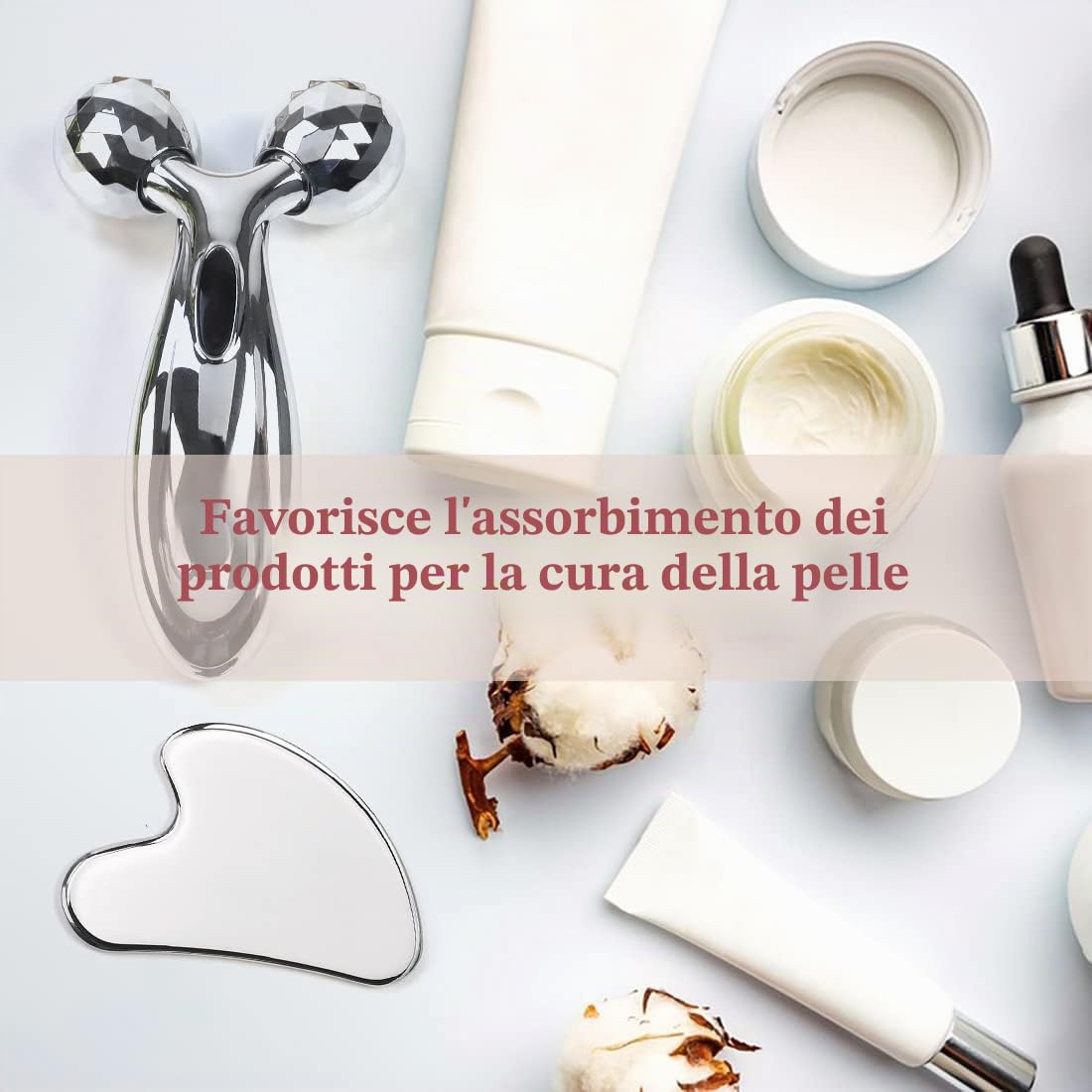 leiwo - Set di rulli per il viso e gua sha, in acciaio inossidabile, strumento per scolpire il viso, per la cura della pelle in metallo, massaggiatore per donne