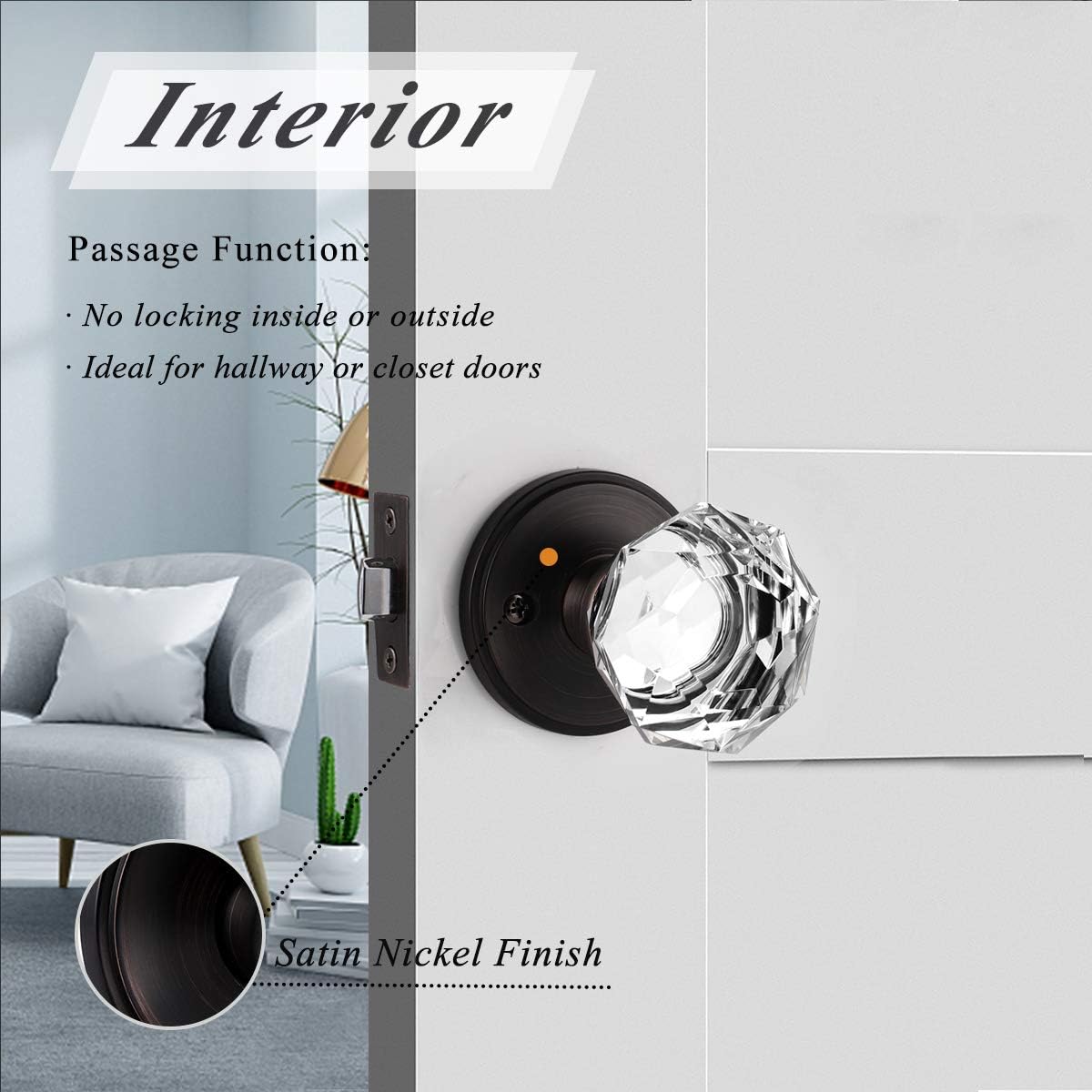 Probrico Faceted Crystal Door Knobs, Hall/Closet Passage Door Knobs, Heavy Duty Glass Knobs with Oil Rubbed Bronze Round Rosettes,6 Pack