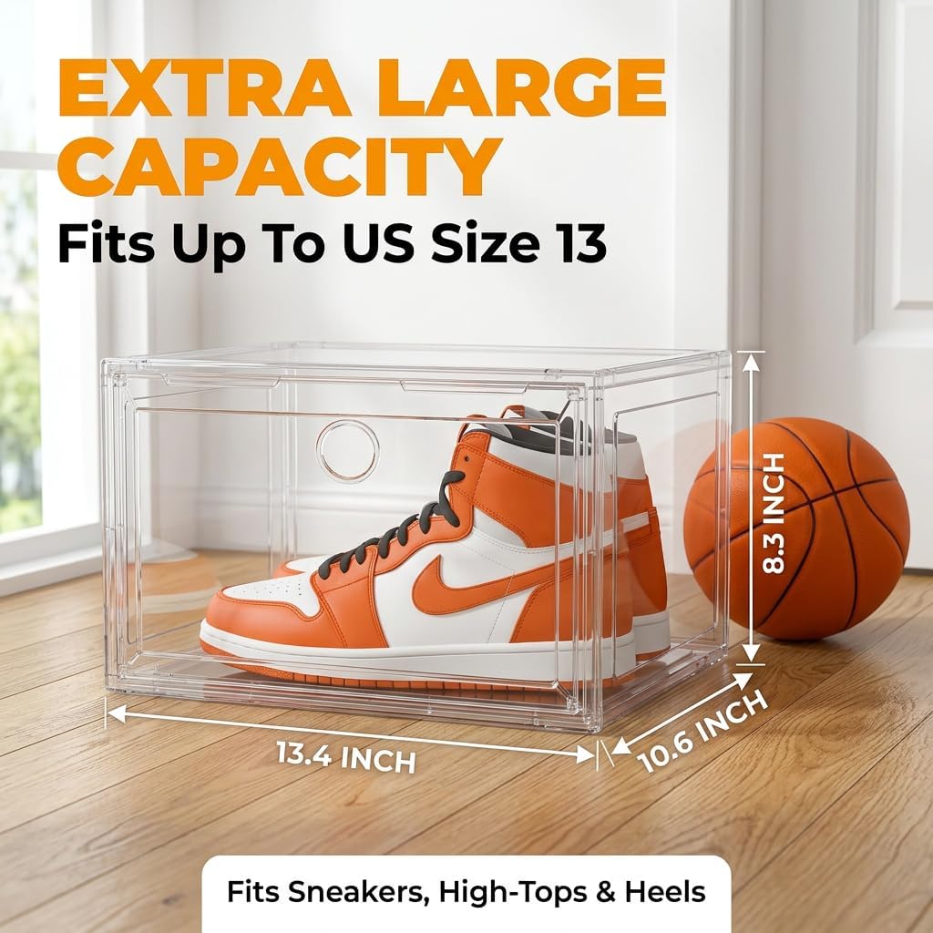 Large Shoe Boxes Clear Plastic Stackable, 8 Pack Drop Side Shoe Storage Organizer with Magnetic Door, Shoe Container Sneaker Storage Display Case Fit up to US Size 13 CLEAR