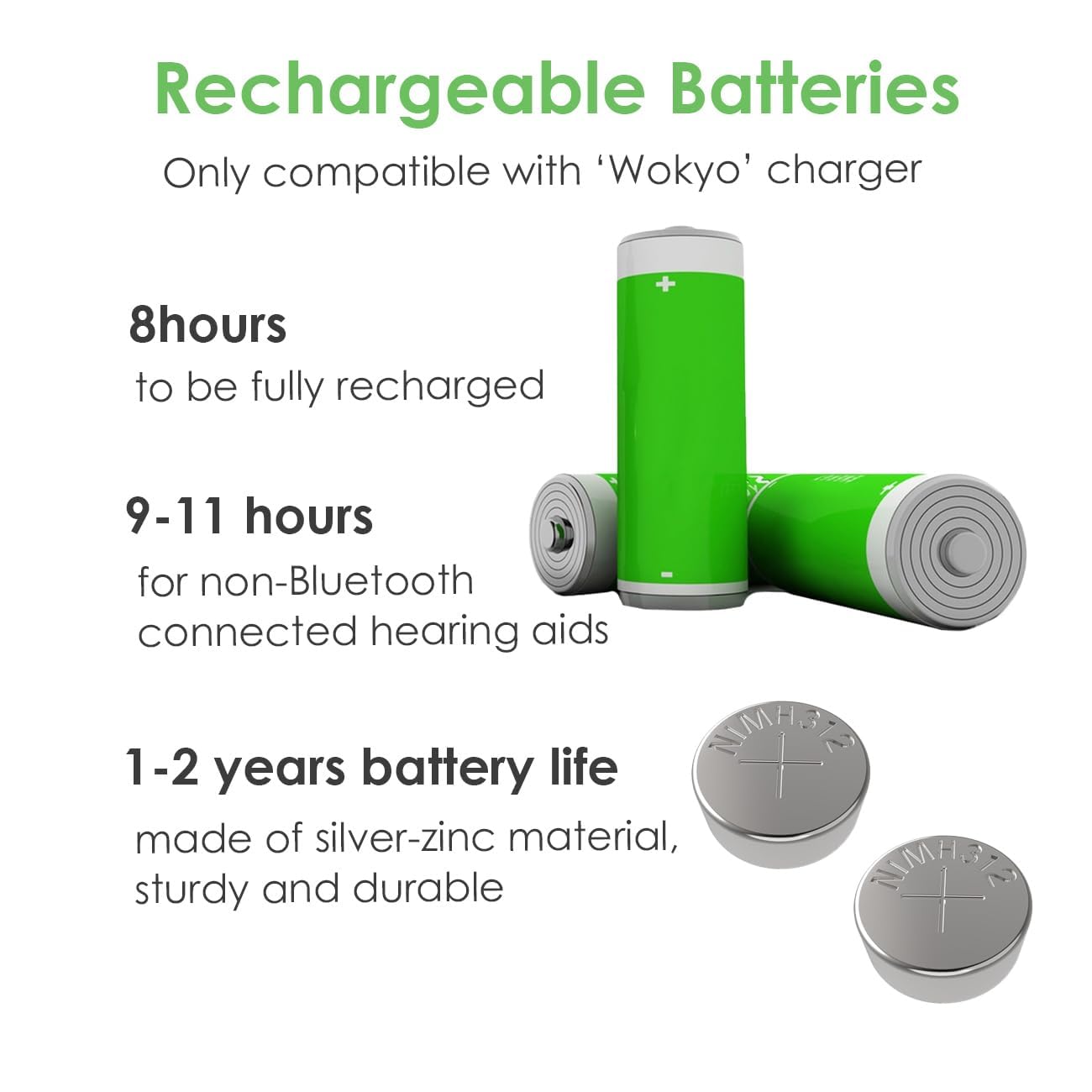 Wokyo 4 batterie ricaricabili per apparecchi acustici 312, dimensioni pulsante 312, batterie ricaricabili per amplificatori per apparecchi acustici, devono essere utilizzate nella scatola di ricarica