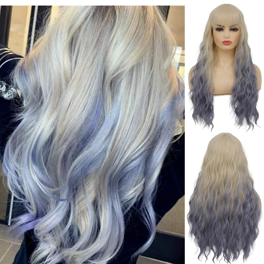 Swiking Blonde Ombre Blue Curly Women Wigs with Bangs Wave Long Blonde Synthetic Hair Halloween Cosplay Daily Natural Full Wig